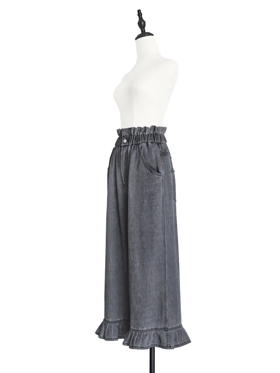 Last Chance! Washed Black Paperbag Waist Ruffle Hem Wide Leg Jeans