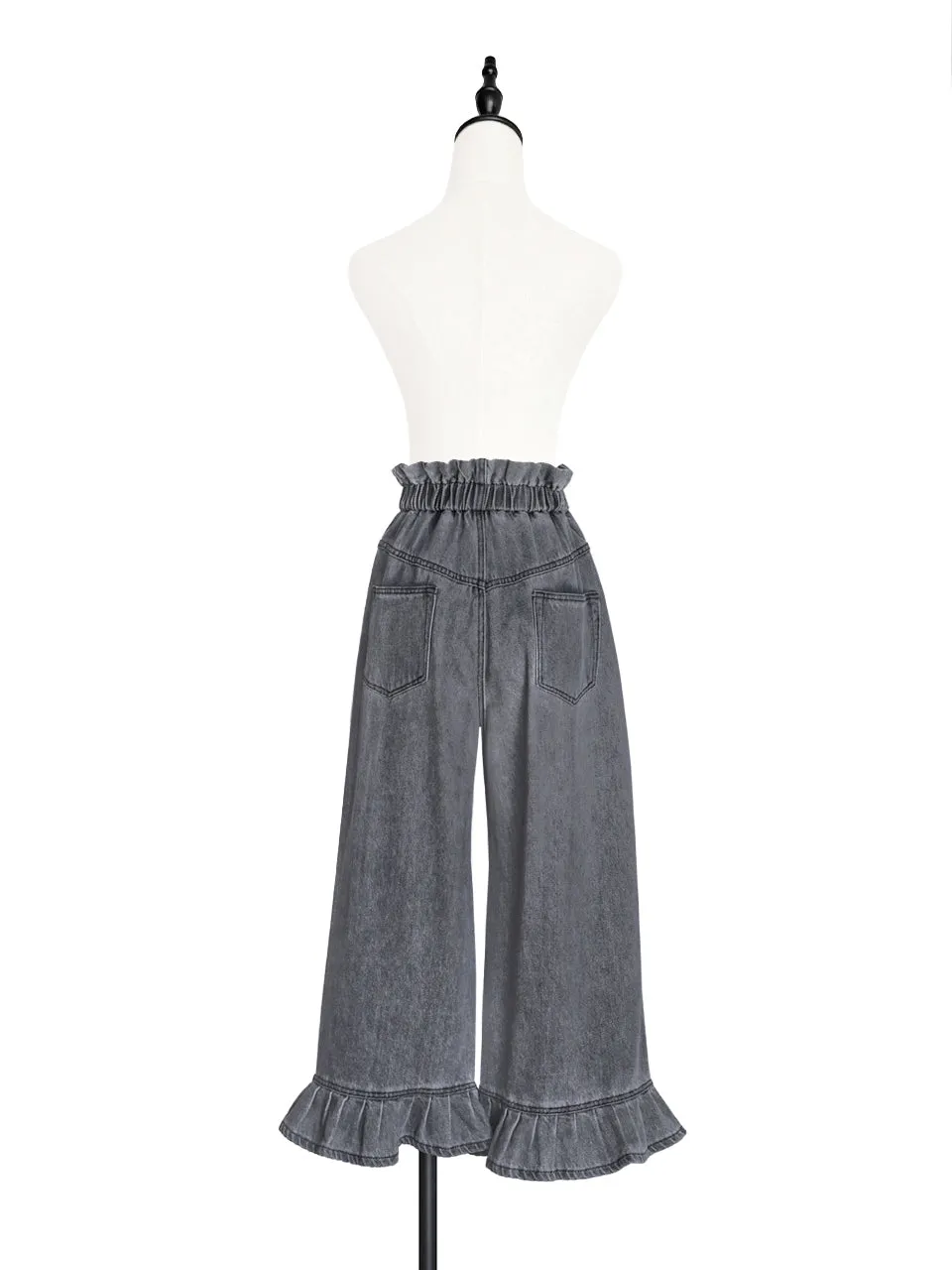 Last Chance! Washed Black Paperbag Waist Ruffle Hem Wide Leg Jeans