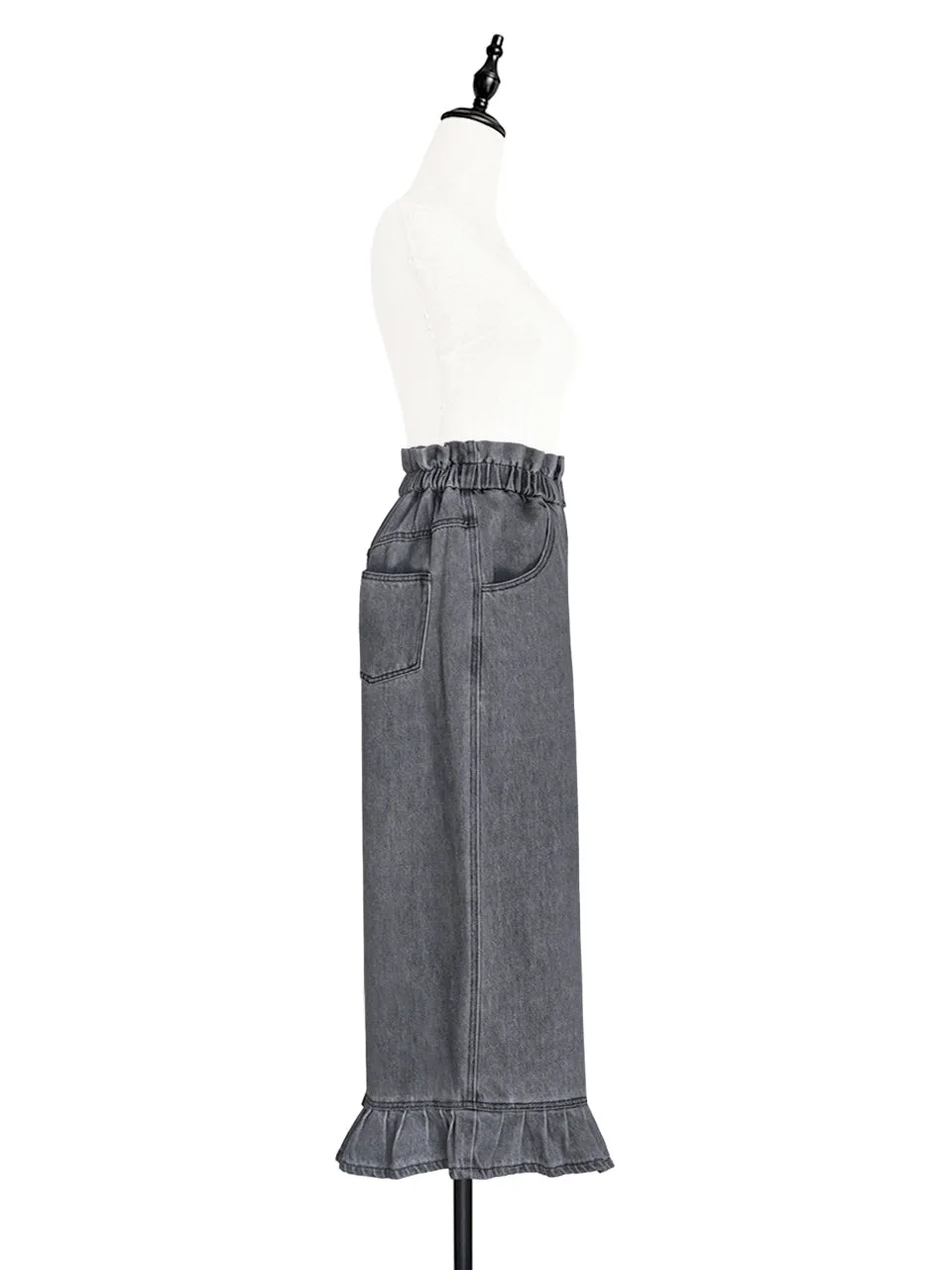 Last Chance! Washed Black Paperbag Waist Ruffle Hem Wide Leg Jeans