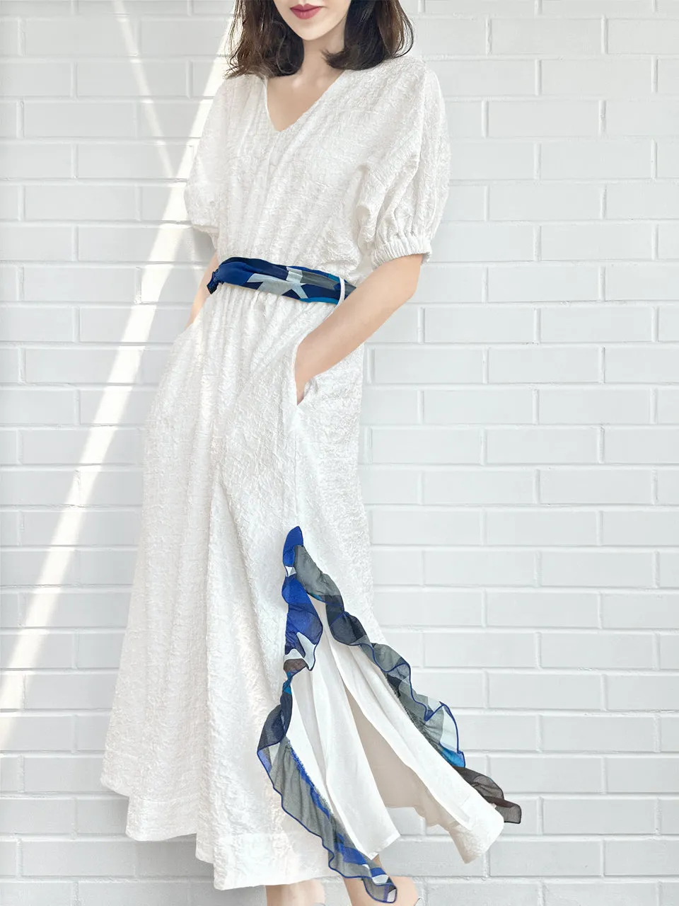 Last Chance! White Ruffle Side Slit V-Neck Dress w/Removable Silky Scarf