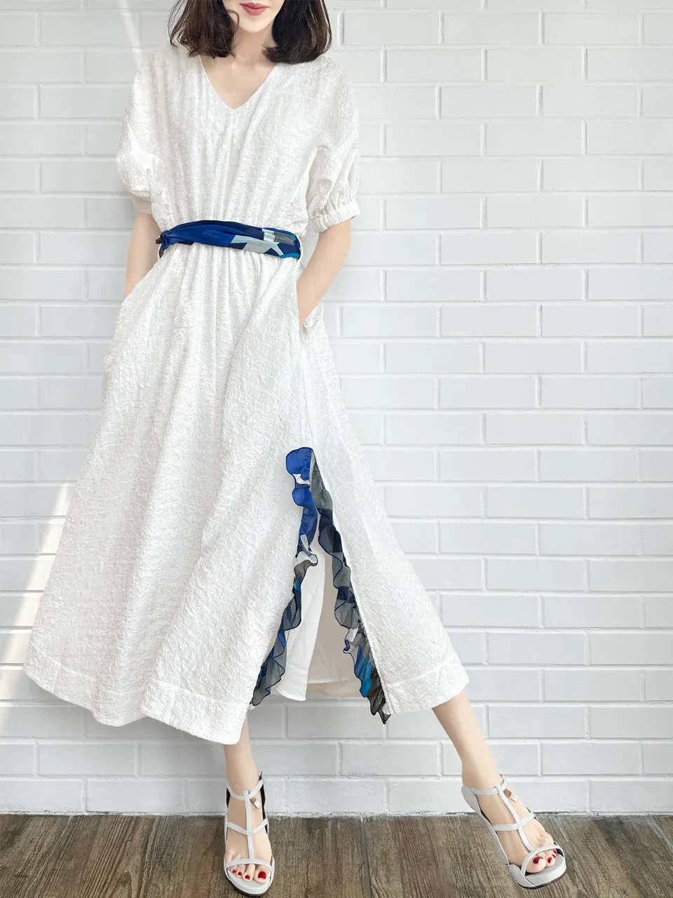 Last Chance! White Ruffle Side Slit V-Neck Dress w/Removable Silky Scarf