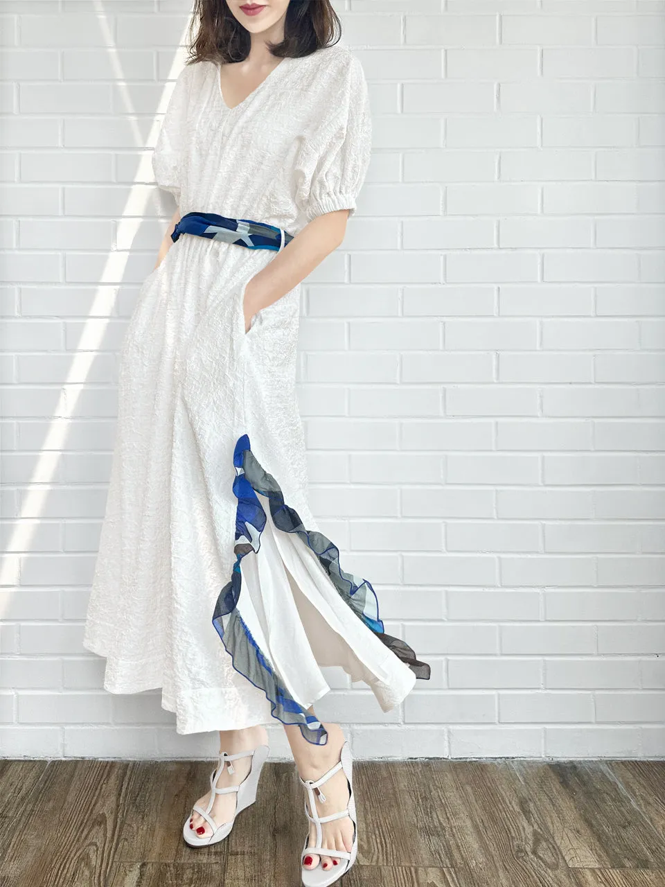 Last Chance! White Ruffle Side Slit V-Neck Dress w/Removable Silky Scarf