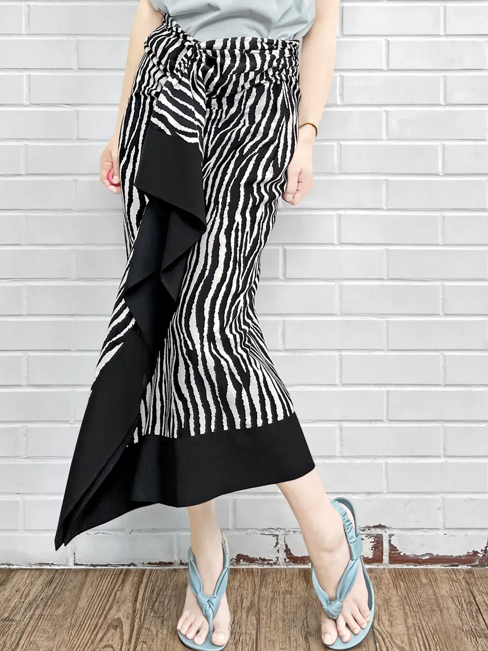 Last Chance! Zebra Print Asymmetric Drape Sarong Midi Skirt