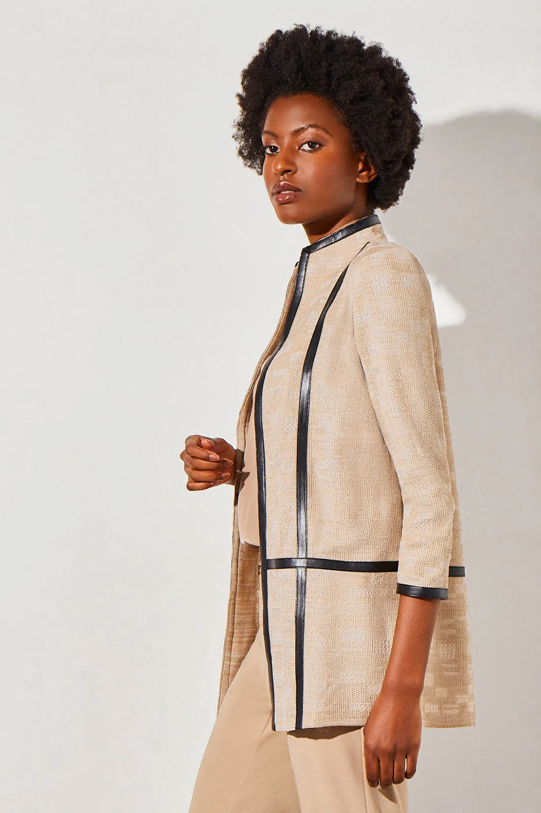 Leather Trim Mixed-Media Knit Jacket