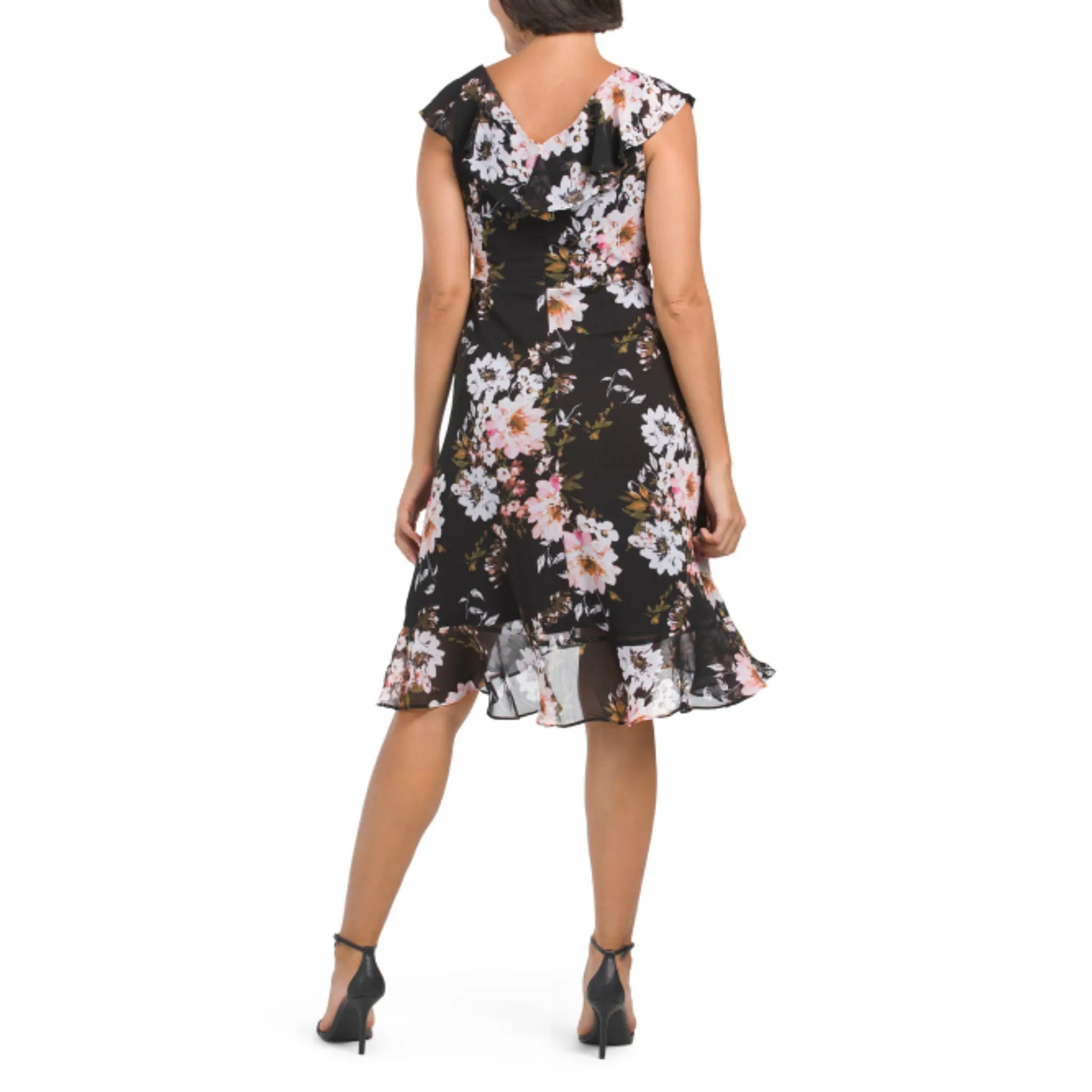 London Times Women's Floral Print Ruffle Trim Wrap Mini Dress