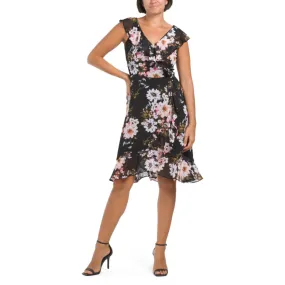 London Times Women's Floral Print Ruffle Trim Wrap Mini Dress