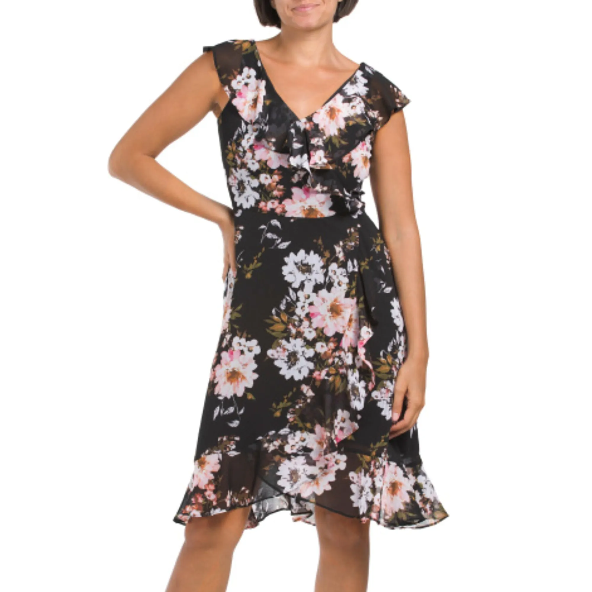 London Times Women's Floral Print Ruffle Trim Wrap Mini Dress