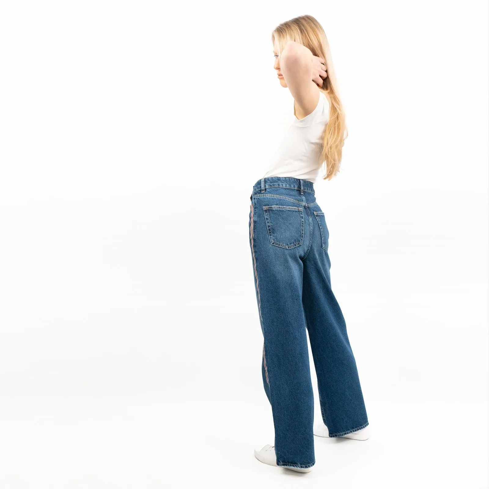 M&S High Rise Blue Denim Wide Leg Jeans with Side Trim