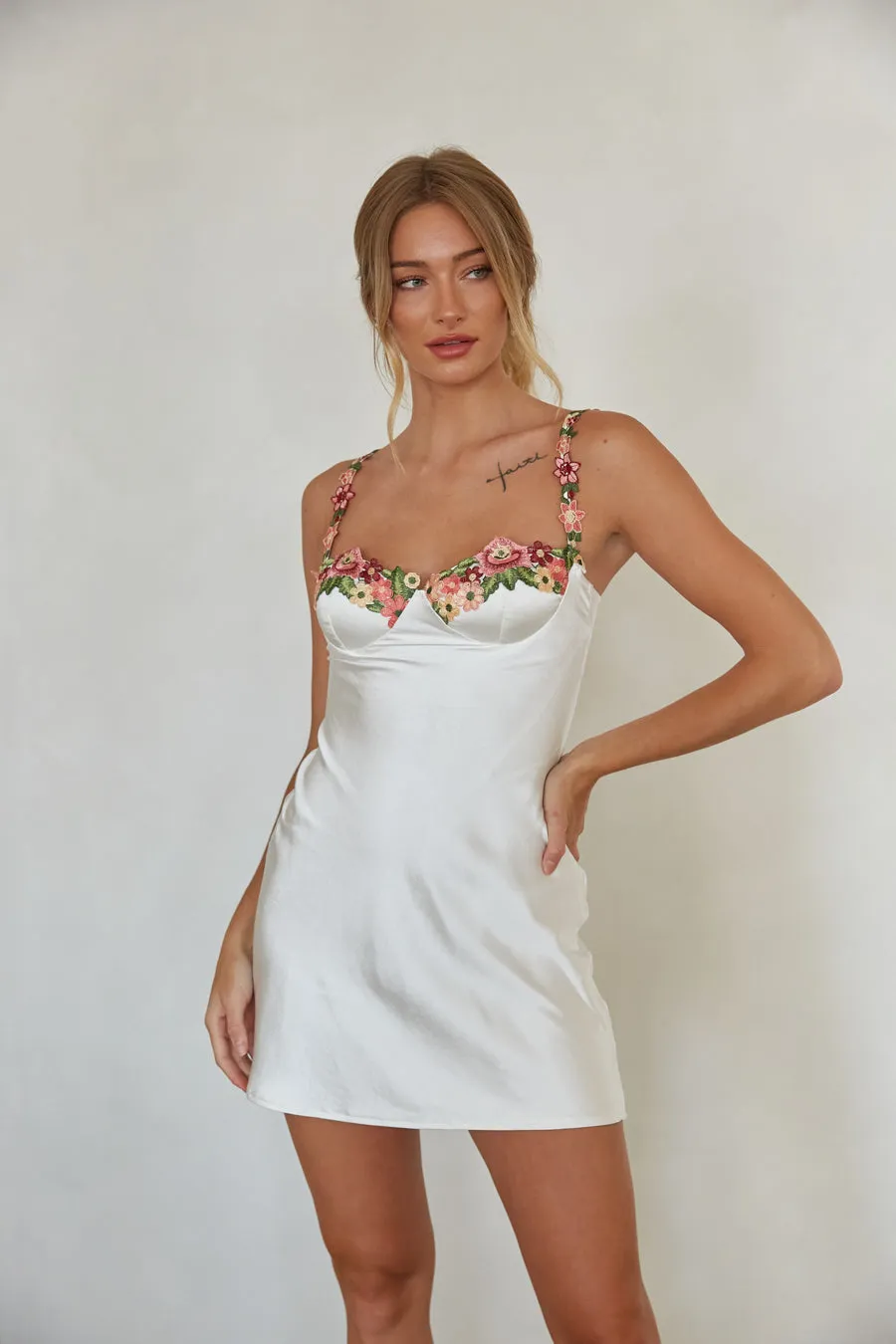 Meadow Floral Trim Satin Mini Dress