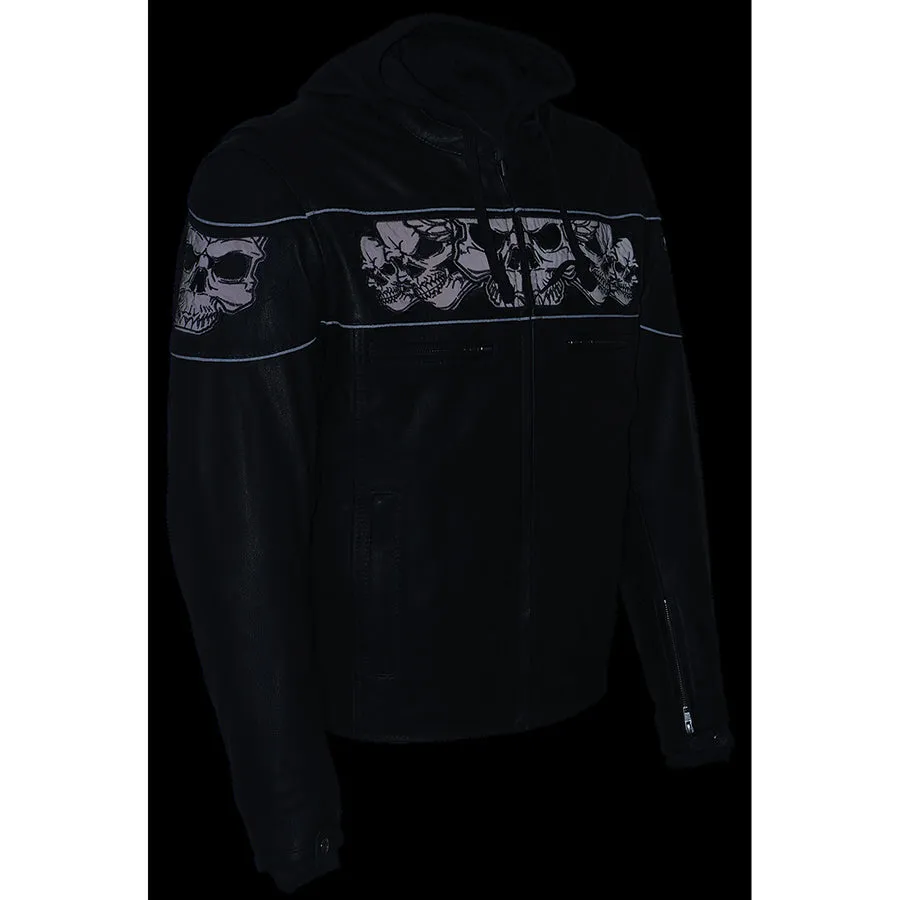 Men’s Crossover Scooter Jacket w/ Reflective Skulls & Full Sleeve Removable Hoodie Black