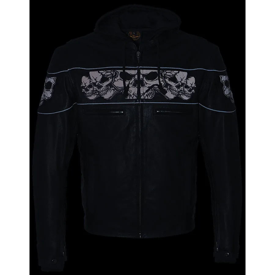 Men’s Crossover Scooter Jacket w/ Reflective Skulls & Full Sleeve Removable Hoodie Black