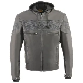 Men’s Crossover Scooter Jacket w/ Reflective Skulls & Full Sleeve Removable Hoodie Black