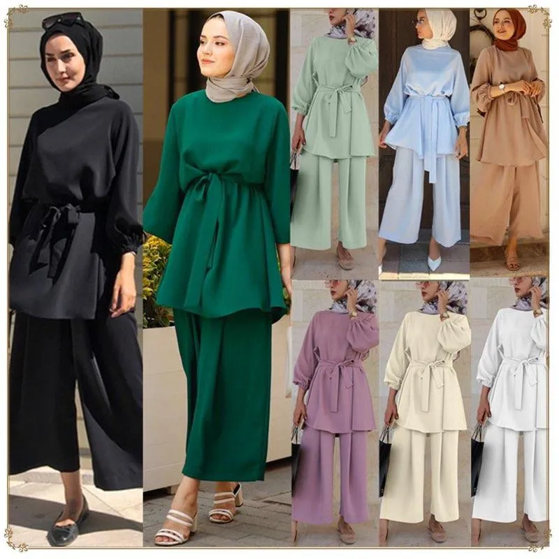 Muslim Women Lady Clothing Suit 2 Pieces Set Tops And Pants