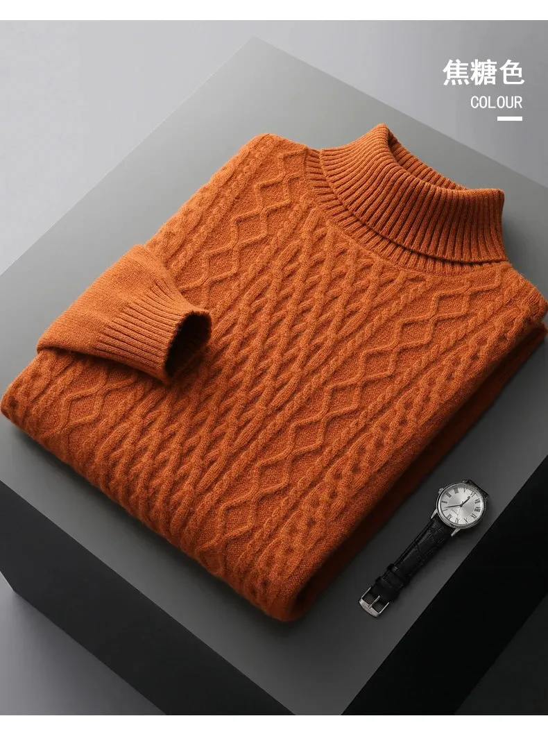 New Autumn and Winter 100% Merino Wool High-Neck Double-Stranded Thick Jacquard Pullover Sweater – Knitted Bottoming Shirt