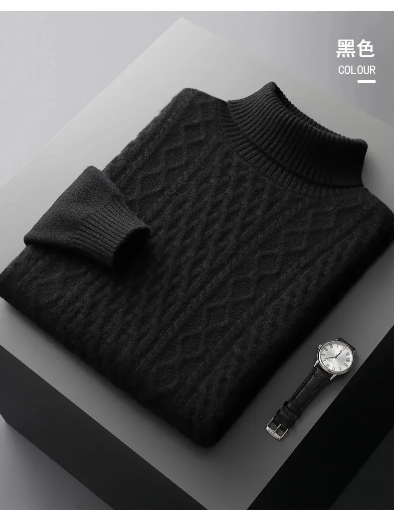 New Autumn and Winter 100% Merino Wool High-Neck Double-Stranded Thick Jacquard Pullover Sweater – Knitted Bottoming Shirt