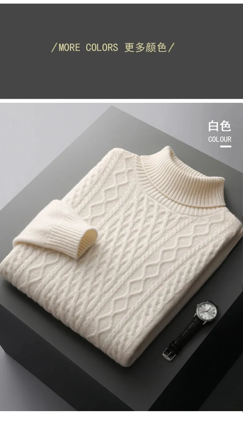 New Autumn and Winter 100% Merino Wool High-Neck Double-Stranded Thick Jacquard Pullover Sweater – Knitted Bottoming Shirt