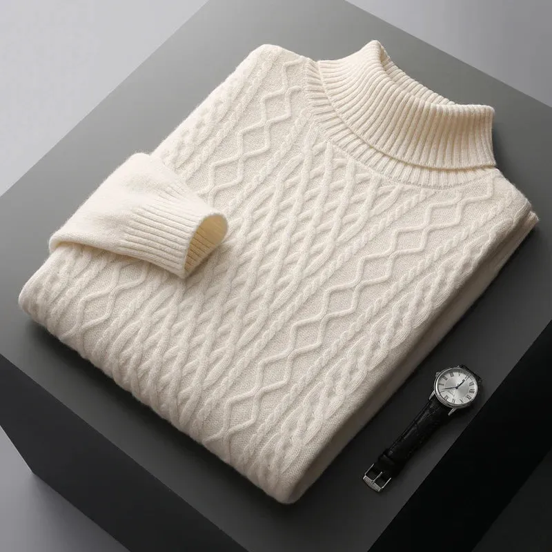 New Autumn and Winter 100% Merino Wool High-Neck Double-Stranded Thick Jacquard Pullover Sweater – Knitted Bottoming Shirt