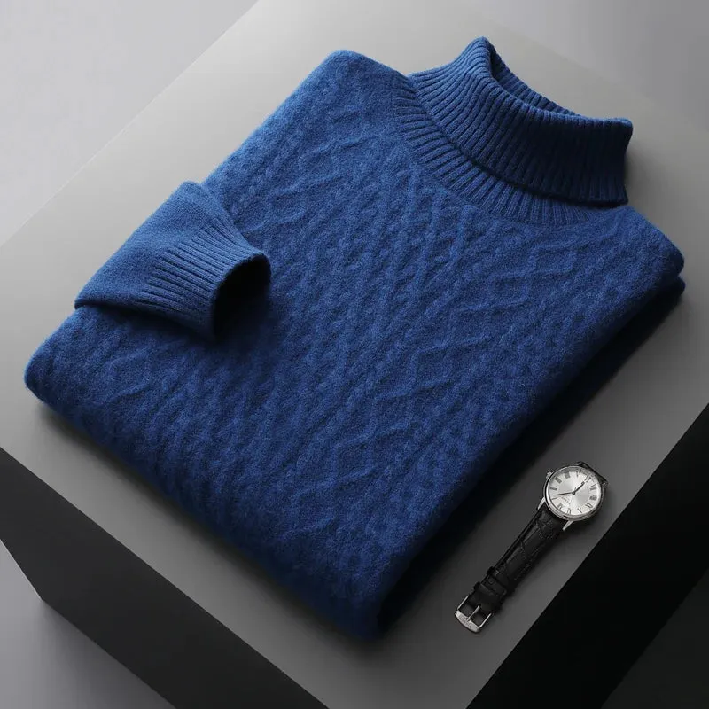 New Autumn and Winter 100% Merino Wool High-Neck Double-Stranded Thick Jacquard Pullover Sweater – Knitted Bottoming Shirt