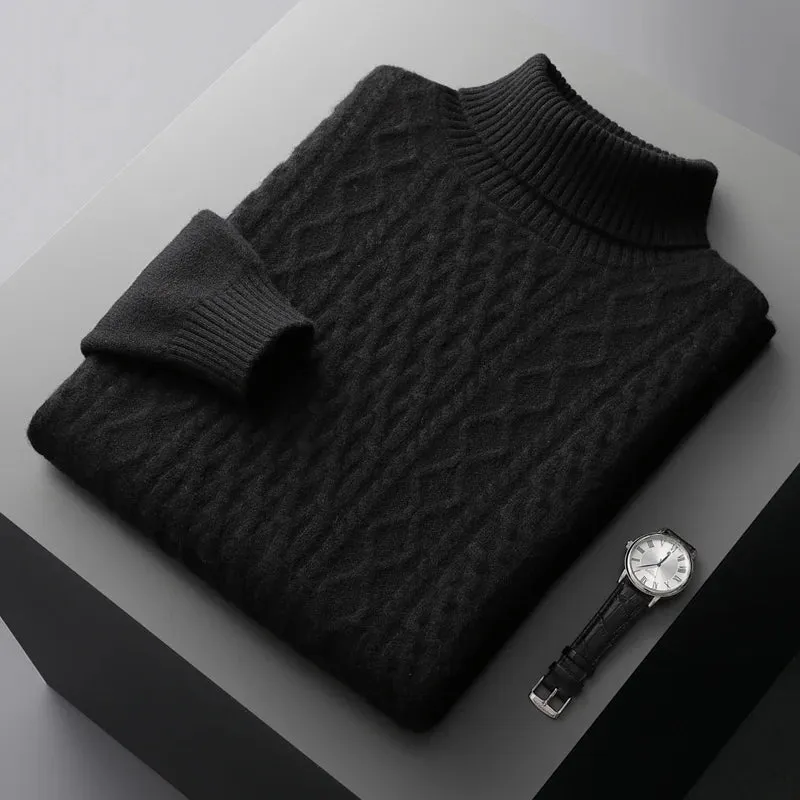 New Autumn and Winter 100% Merino Wool High-Neck Double-Stranded Thick Jacquard Pullover Sweater – Knitted Bottoming Shirt