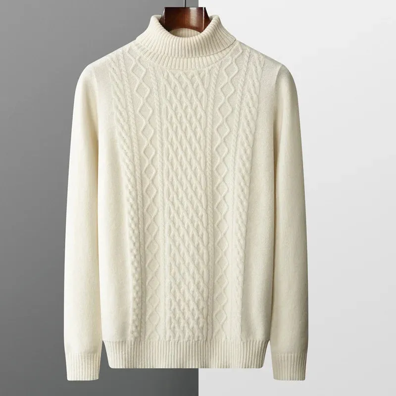 New Autumn and Winter 100% Merino Wool High-Neck Double-Stranded Thick Jacquard Pullover Sweater – Knitted Bottoming Shirt