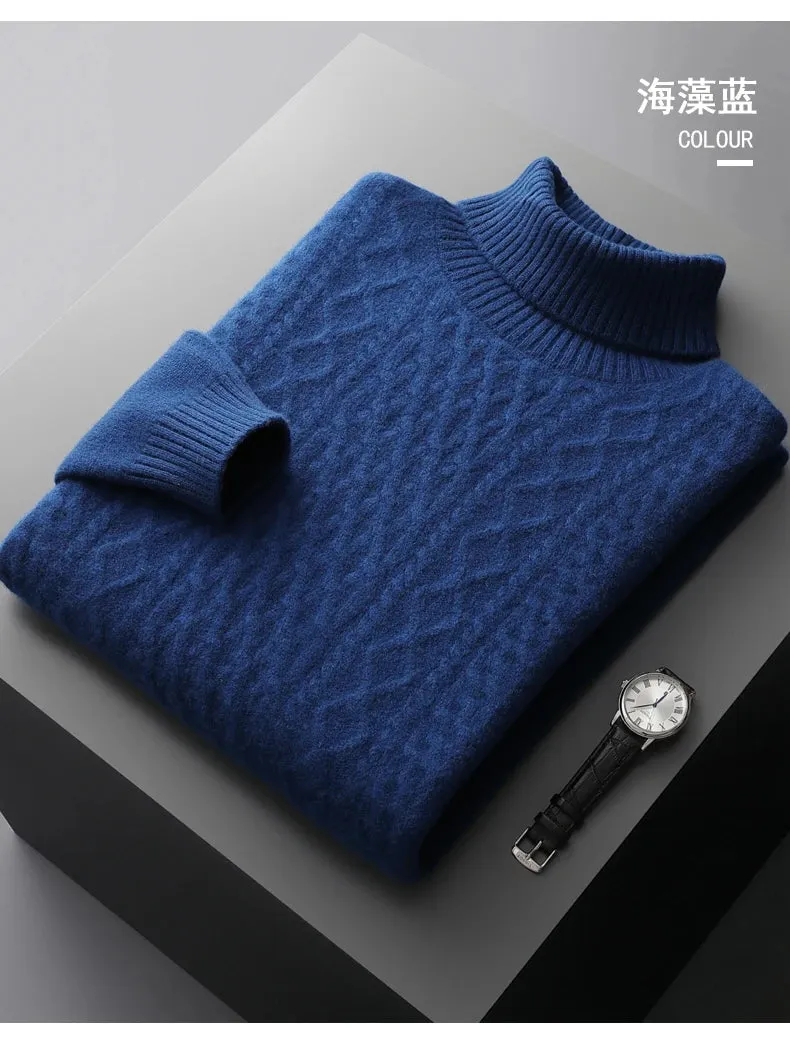 New Autumn and Winter 100% Merino Wool High-Neck Double-Stranded Thick Jacquard Pullover Sweater – Knitted Bottoming Shirt