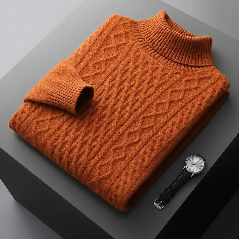 New Autumn and Winter 100% Merino Wool High-Neck Double-Stranded Thick Jacquard Pullover Sweater – Knitted Bottoming Shirt