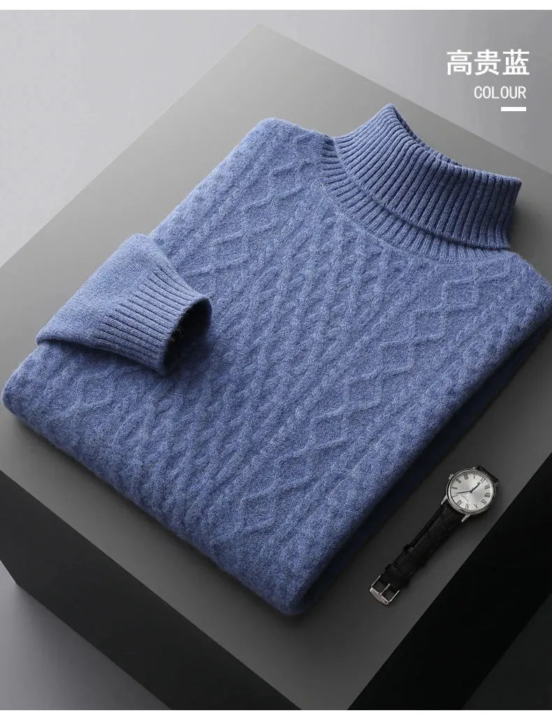 New Autumn and Winter 100% Merino Wool High-Neck Double-Stranded Thick Jacquard Pullover Sweater – Knitted Bottoming Shirt