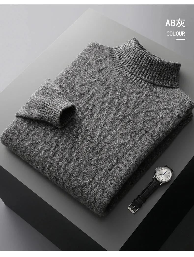 New Autumn and Winter 100% Merino Wool High-Neck Double-Stranded Thick Jacquard Pullover Sweater – Knitted Bottoming Shirt