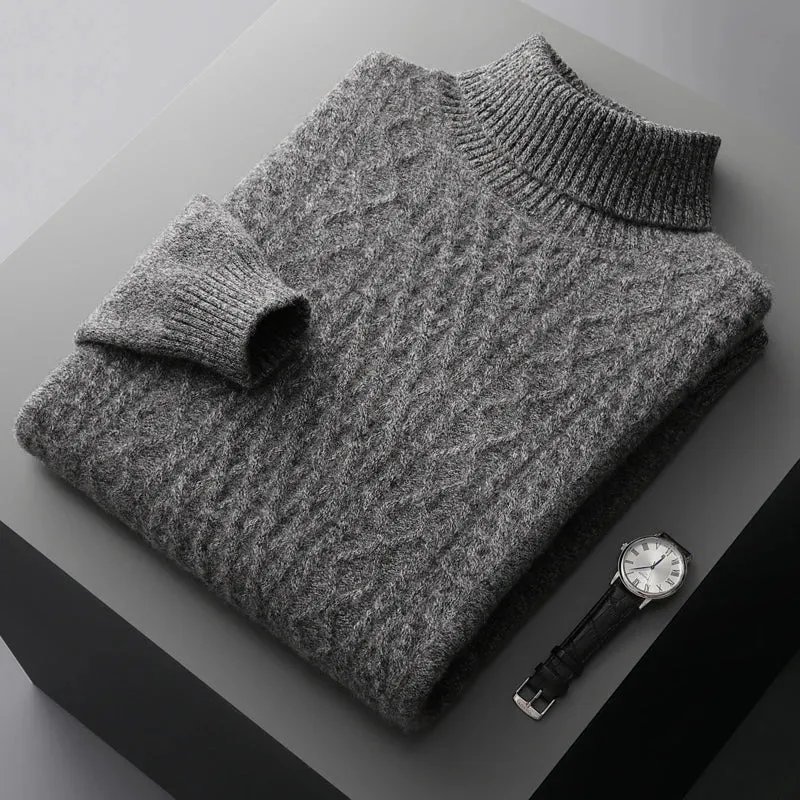 New Autumn and Winter 100% Merino Wool High-Neck Double-Stranded Thick Jacquard Pullover Sweater – Knitted Bottoming Shirt