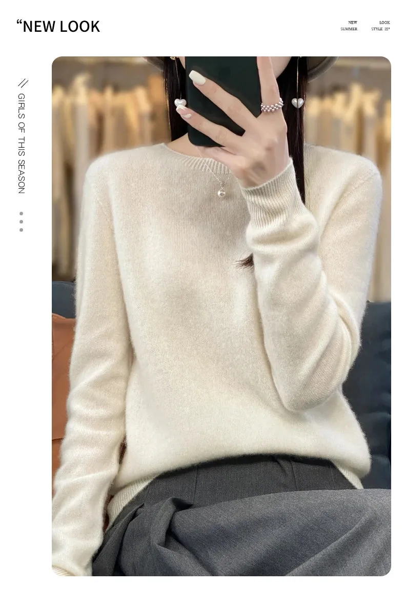 New Cashmere Sweater: Women's Autumn/Winter Fashion O-Neck Pullover, 100% Merino Wool, Warm and Stylish