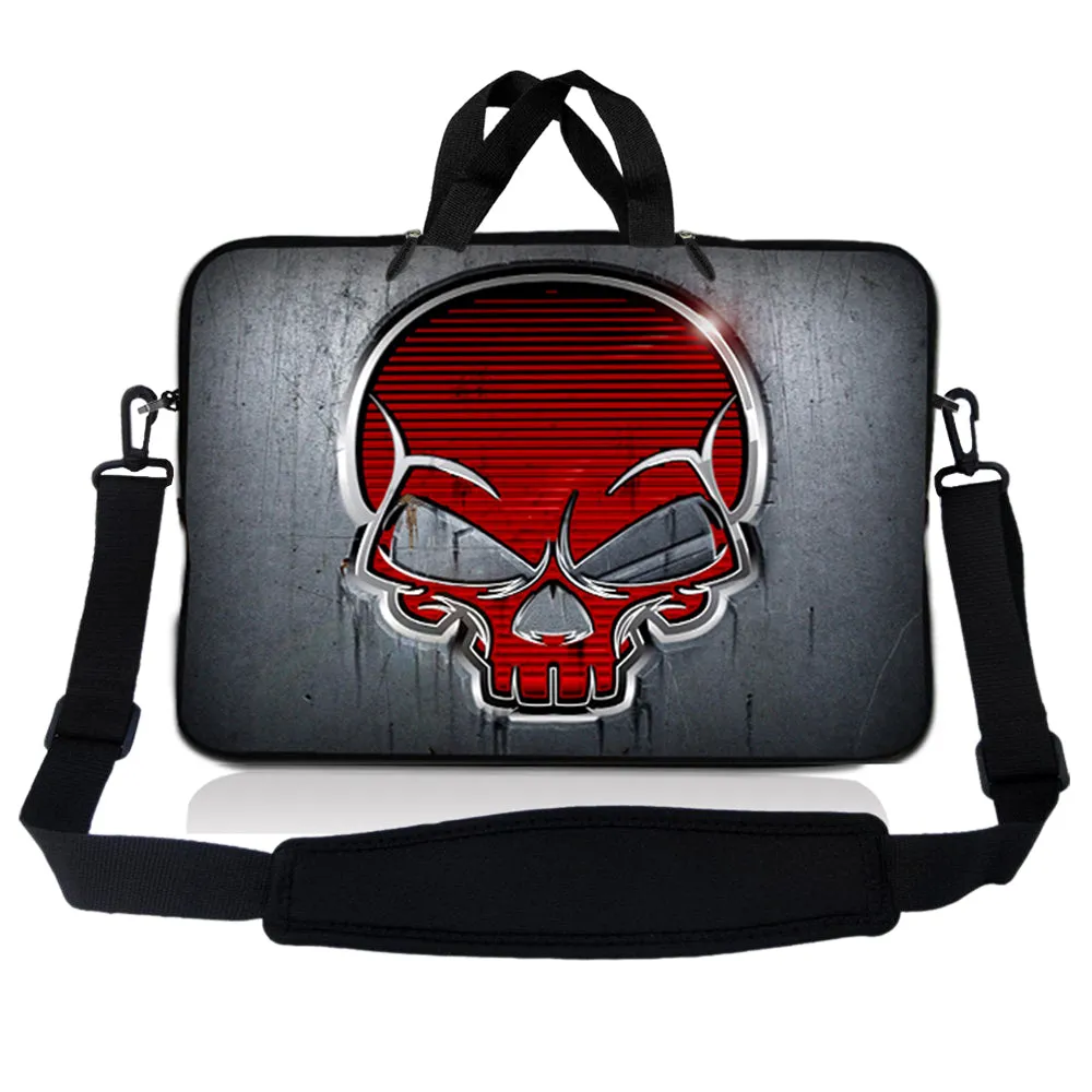 Notebook / Netbook Sleeve Carrying Case w/ Handle & Adjustable Shoulder Strap & Matching Skin – Silver Red Skull