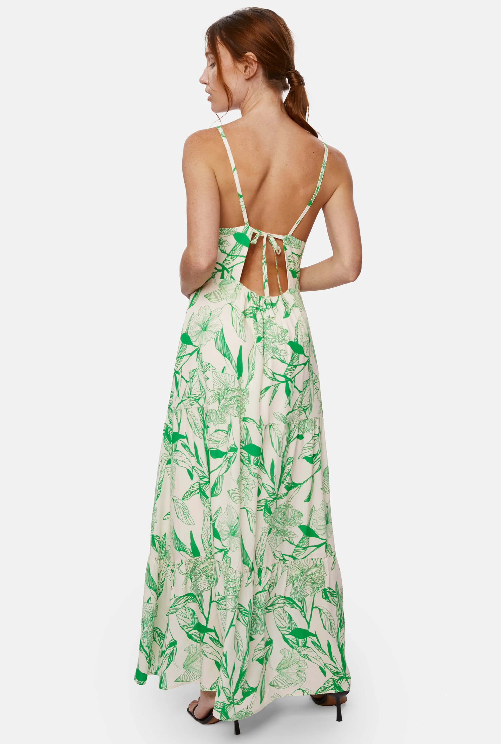 Open Back Print Tiered Midi Dress