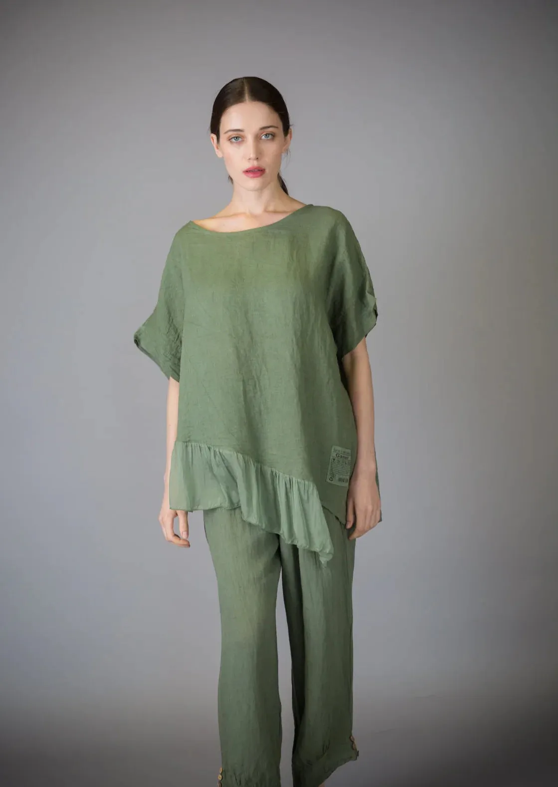 Paolo Tricot Sale, D11381 Linen Top with Ruffle 50% Off Regular Price