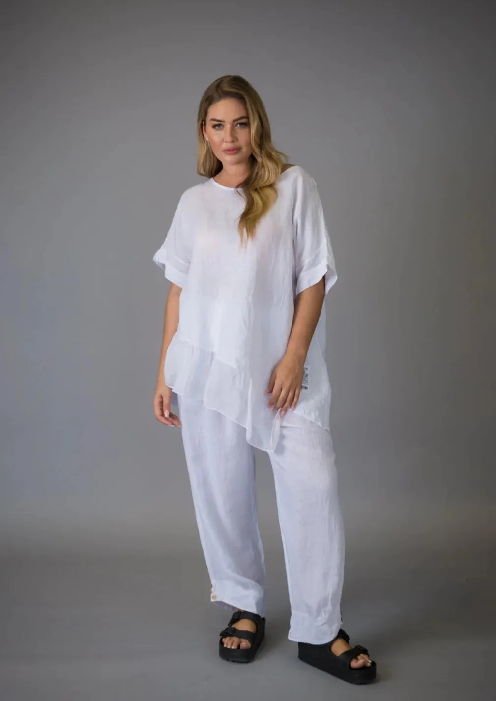 Paolo Tricot Sale, D11381 Linen Top with Ruffle 50% Off Regular Price