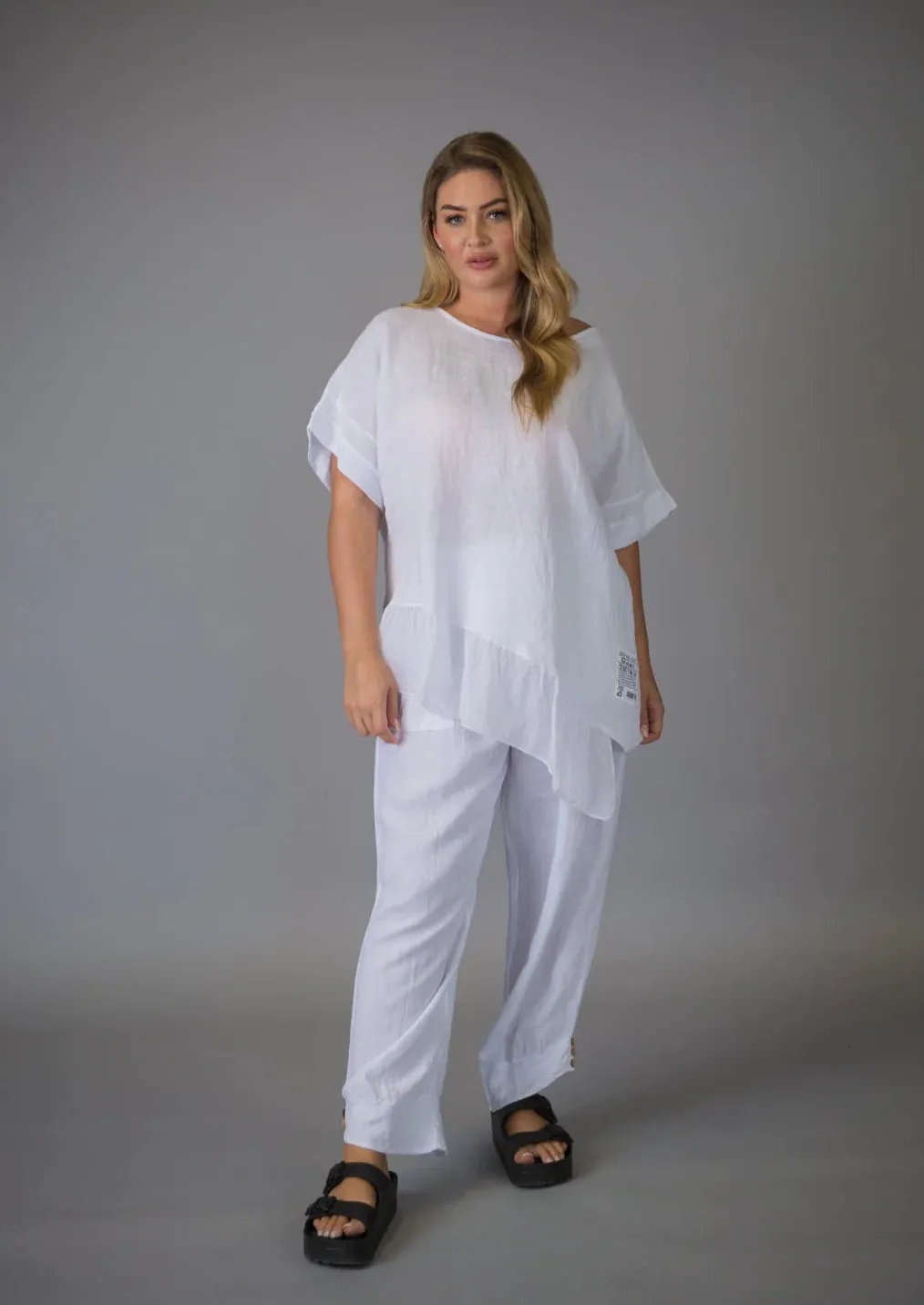 Paolo Tricot Sale, D11381 Linen Top with Ruffle 50% Off Regular Price