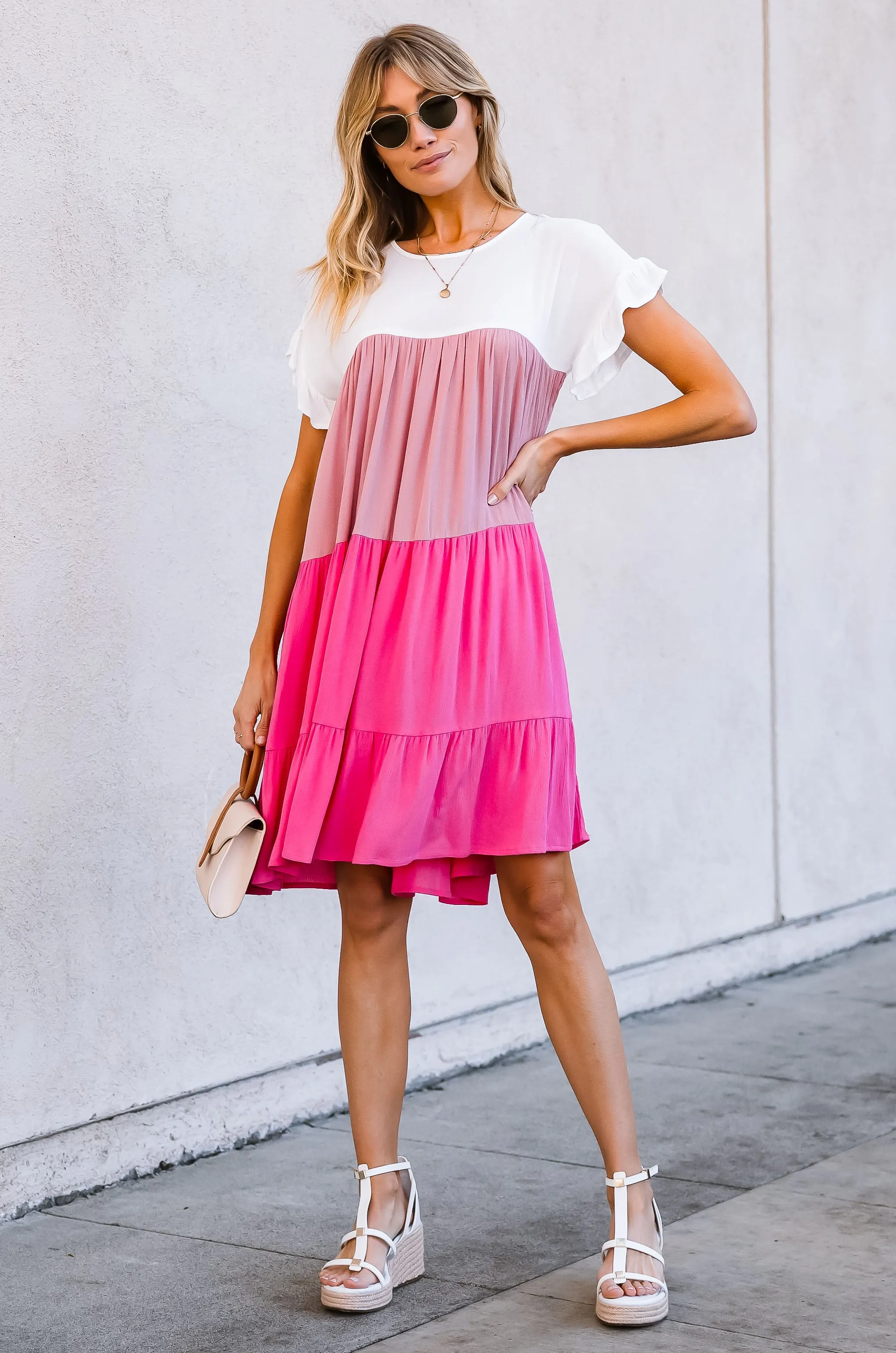 Pink Tiered Color Blocked Dress