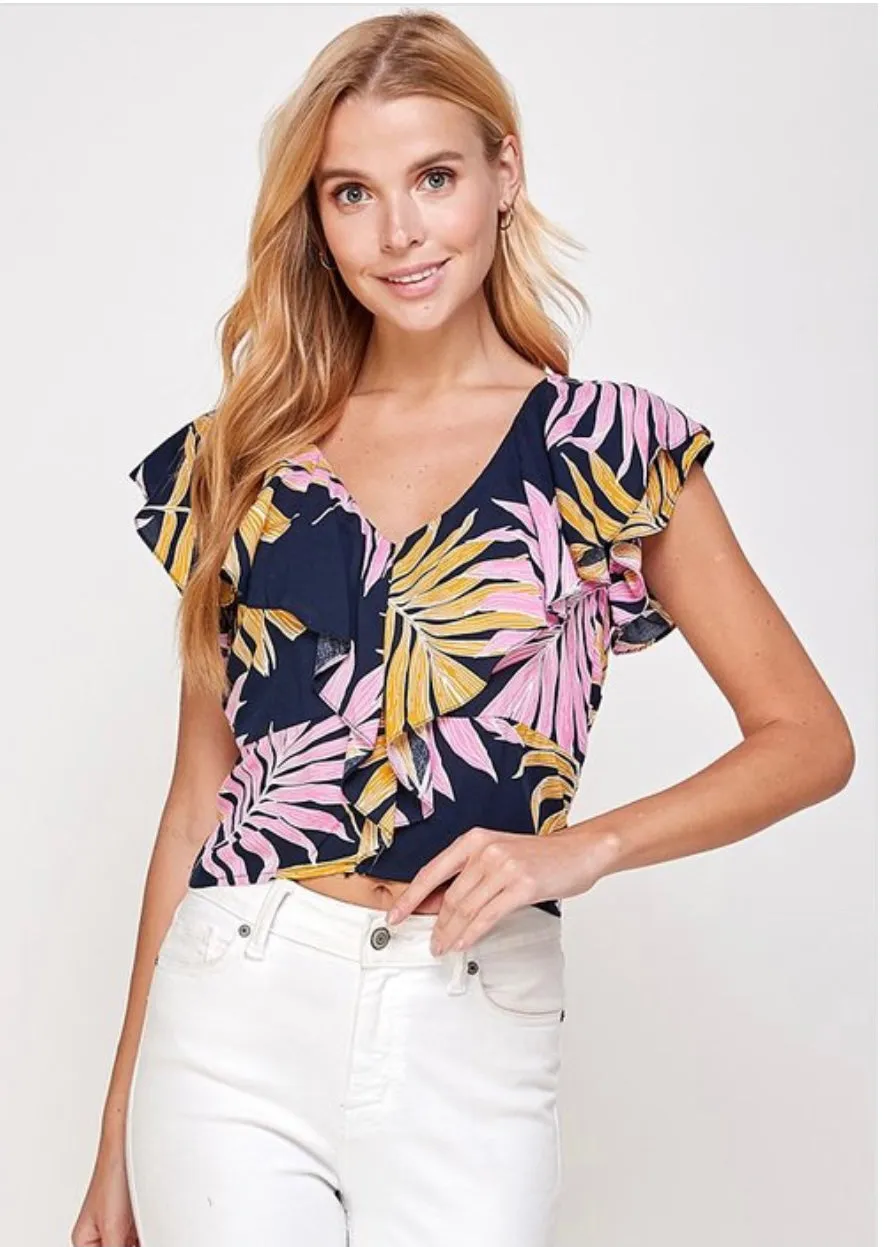 PRINTED RUFFLE SLEEVE TOP