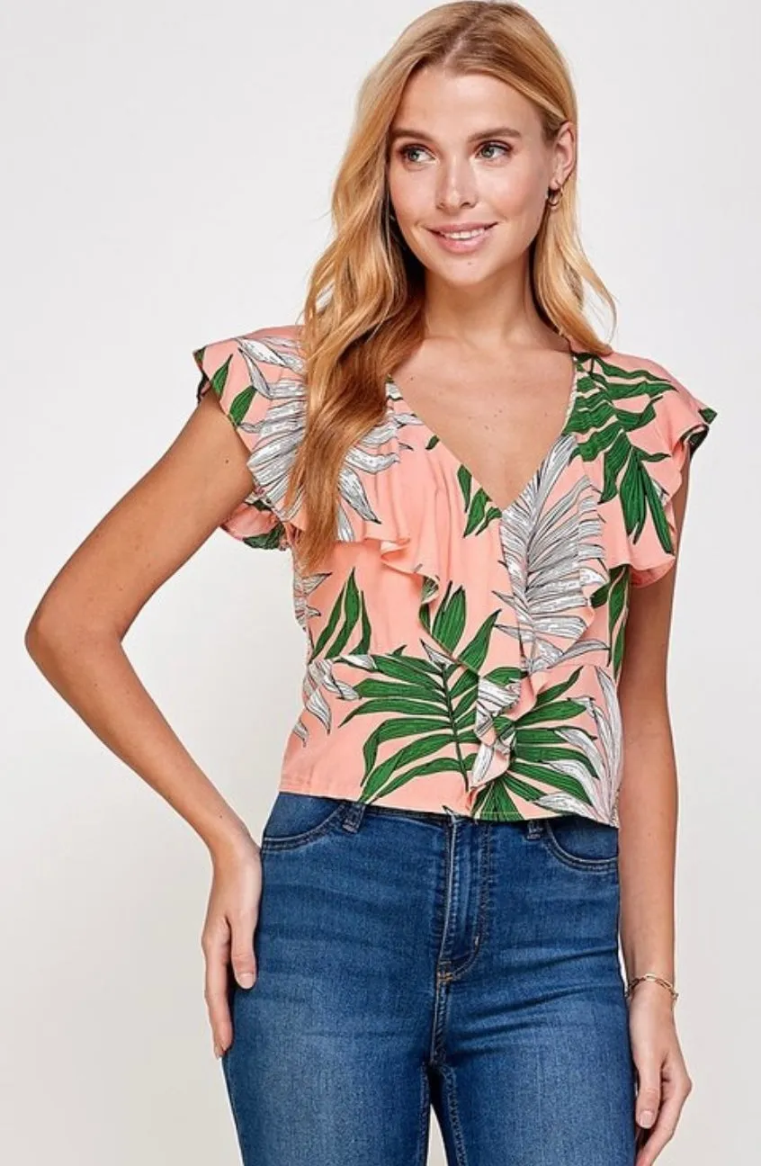 PRINTED RUFFLE SLEEVE TOP