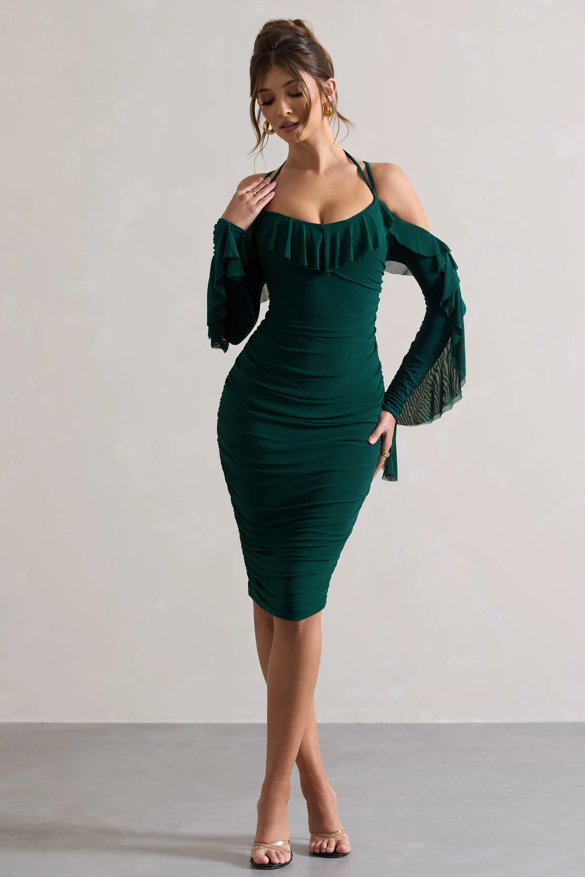 Quinn | Bottle Green Ruched Strappy Long-Sleeved Midi Dress With Ruffles