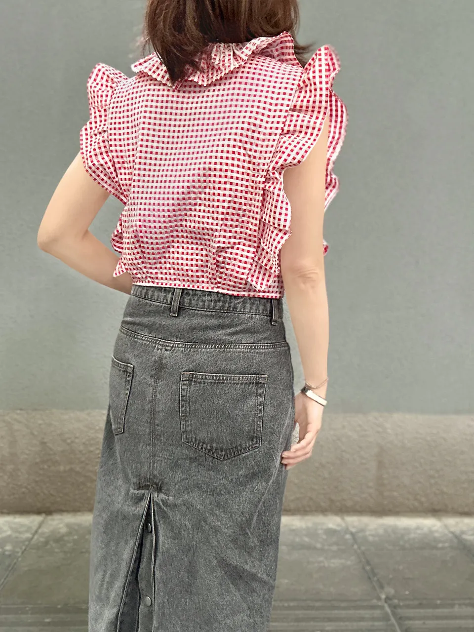 Red Check Double Breasted Ruffles V-neck Crop Top