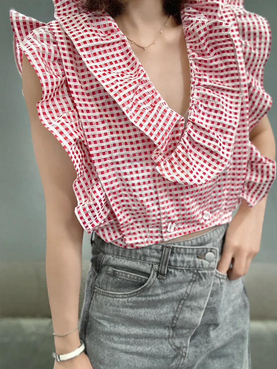 Red Check Double Breasted Ruffles V-neck Crop Top