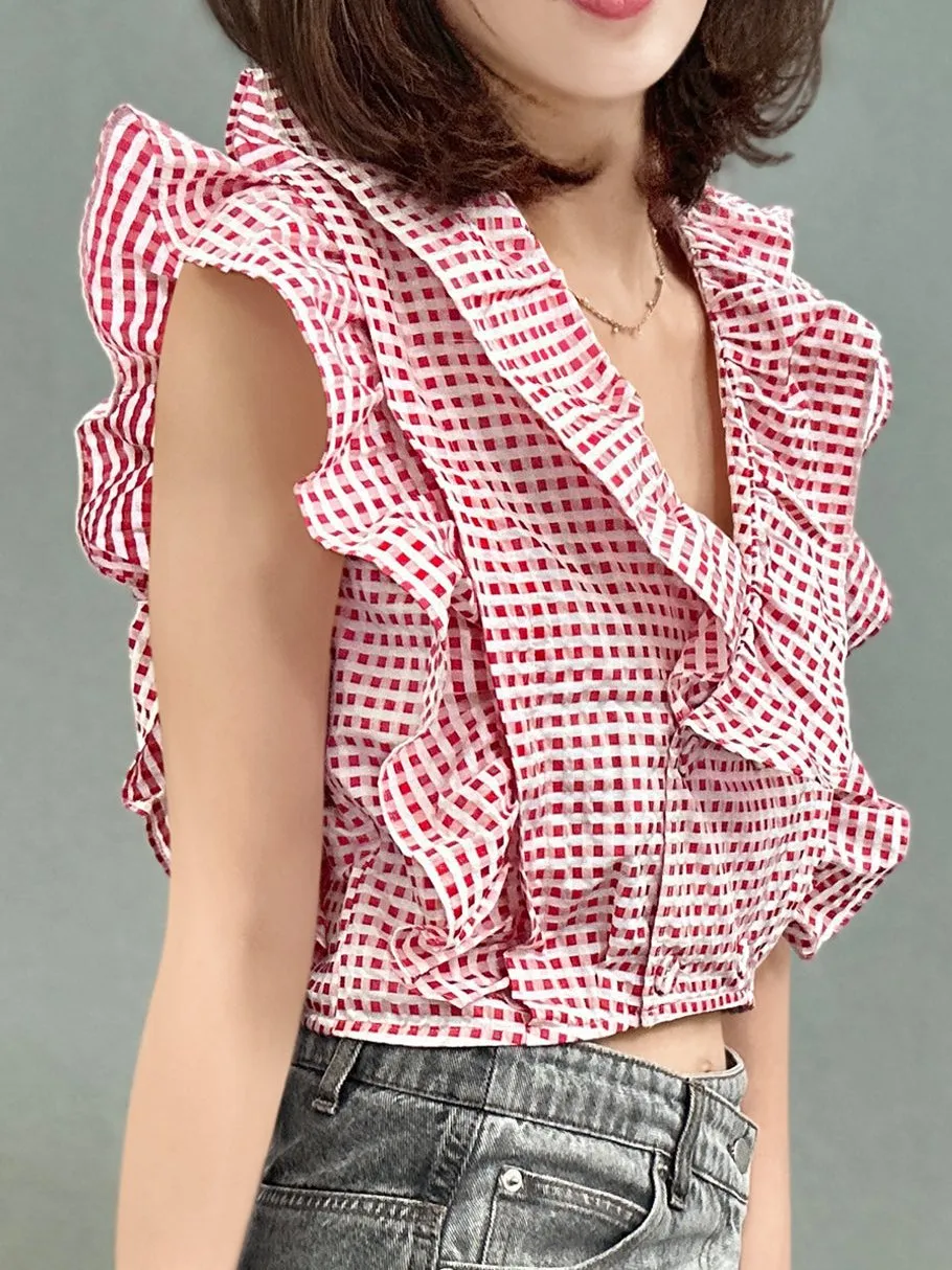 Red Check Double Breasted Ruffles V-neck Crop Top