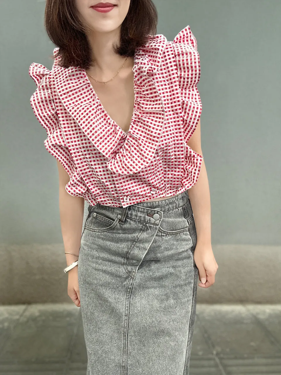 Red Check Double Breasted Ruffles V-neck Crop Top