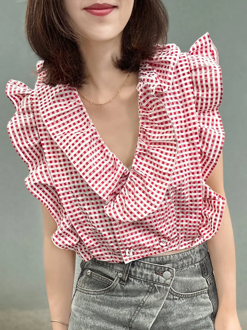 Red Check Double Breasted Ruffles V-neck Crop Top