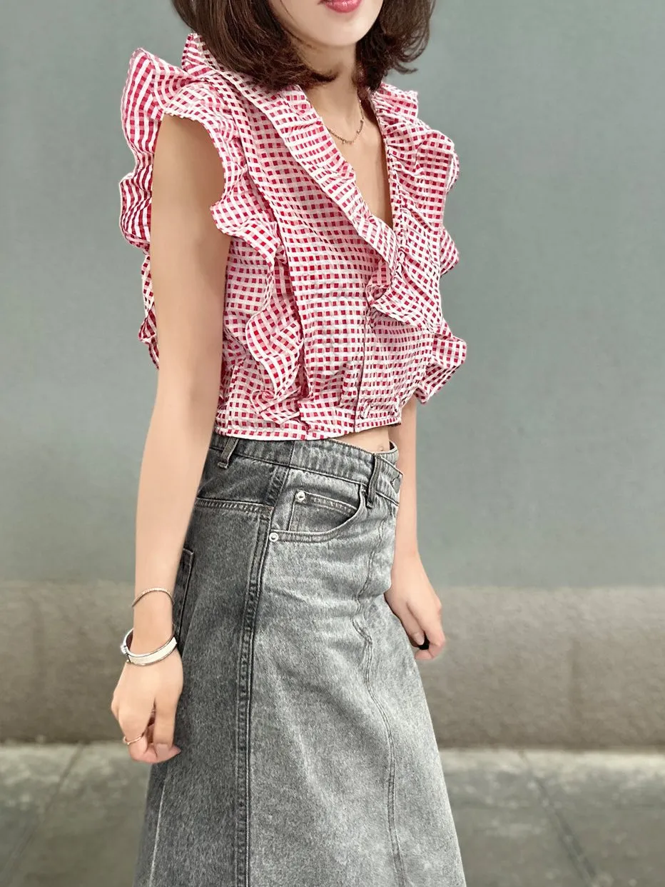 Red Check Double Breasted Ruffles V-neck Crop Top