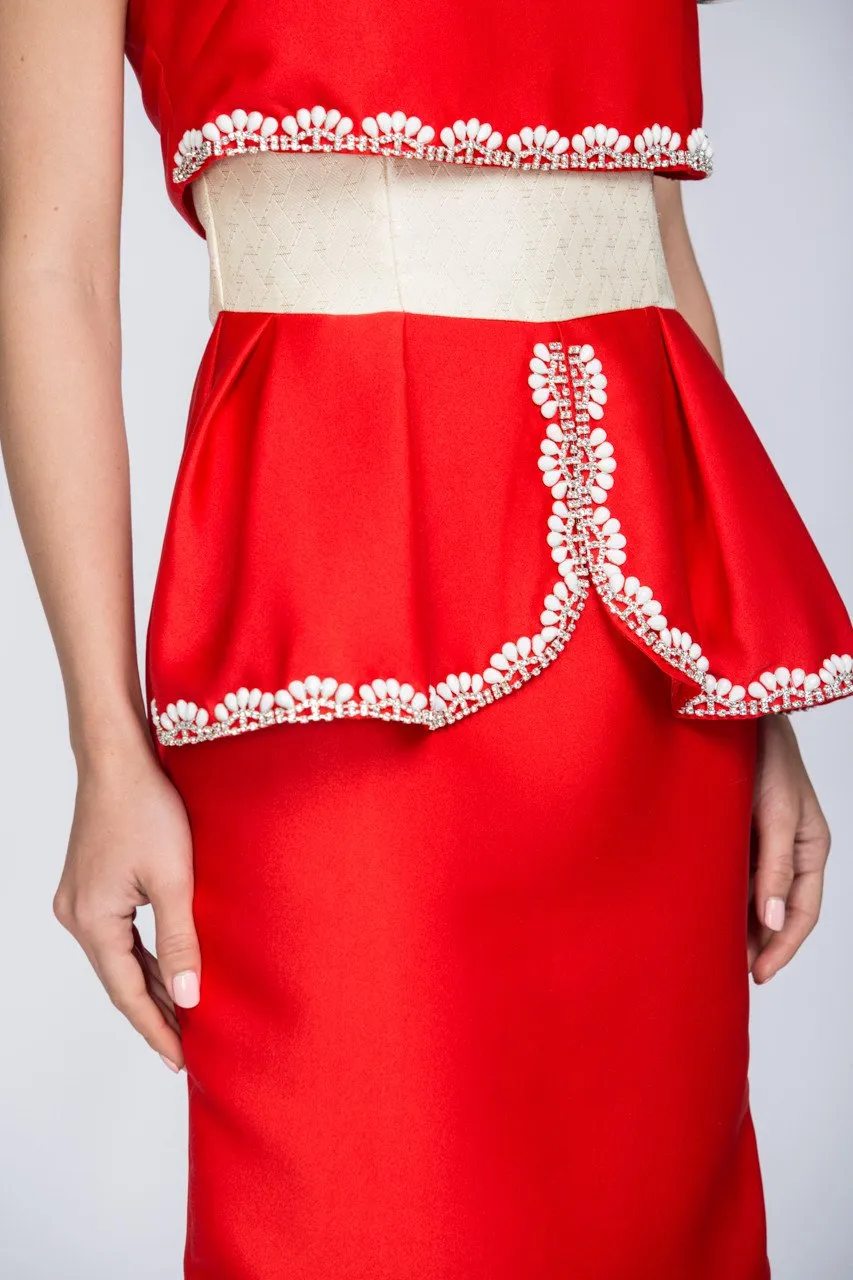 Red Crop Top Illusion White Jewel Trim Peplum Midi Dress