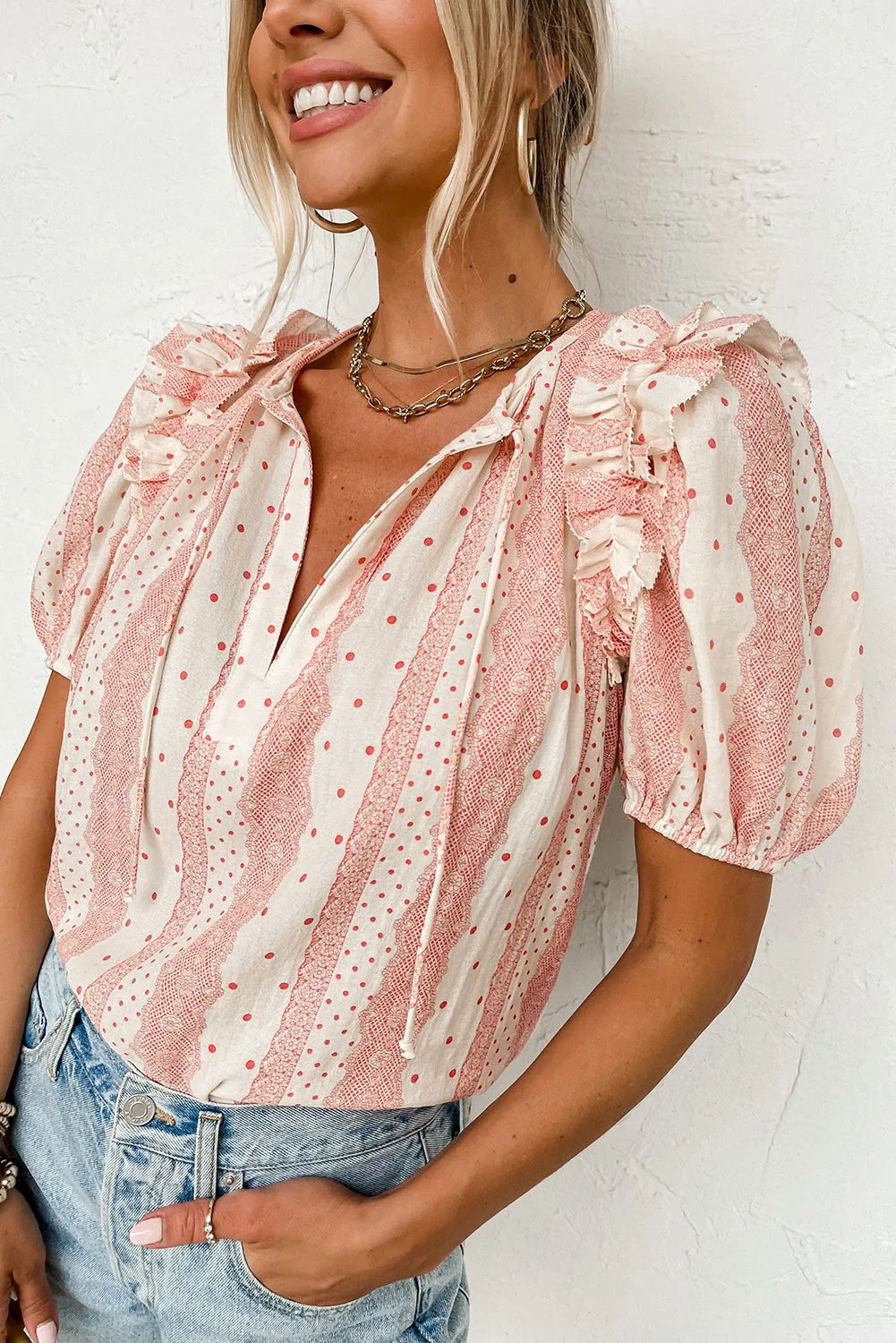 Red Frilled Short Puff Sleeve Mixed Print Blouse