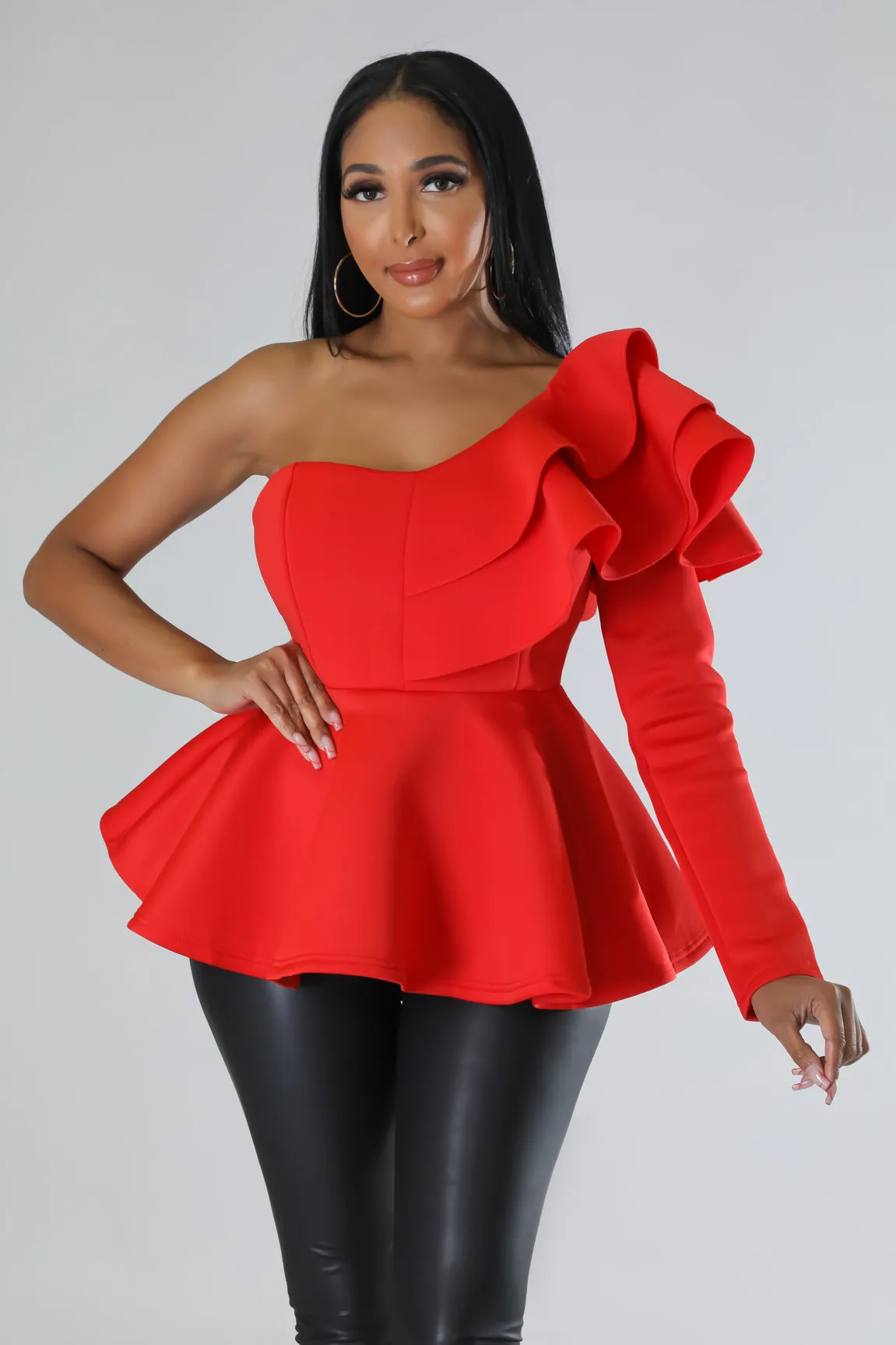 Red One Shoulder Ruffle Blouse