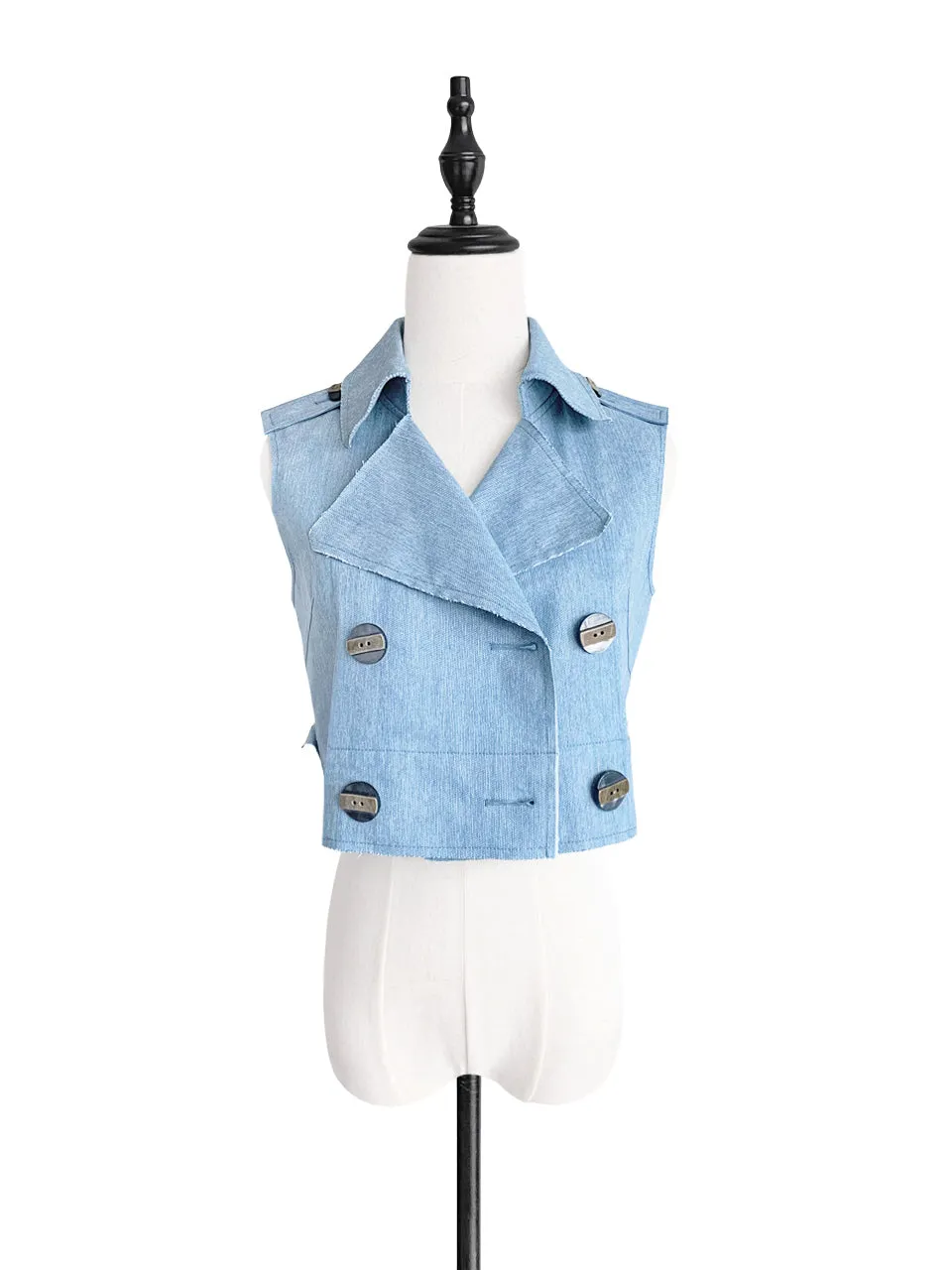 Restock! Denim Ruffle Back Double Breasted Sleeveless Crop Jacket