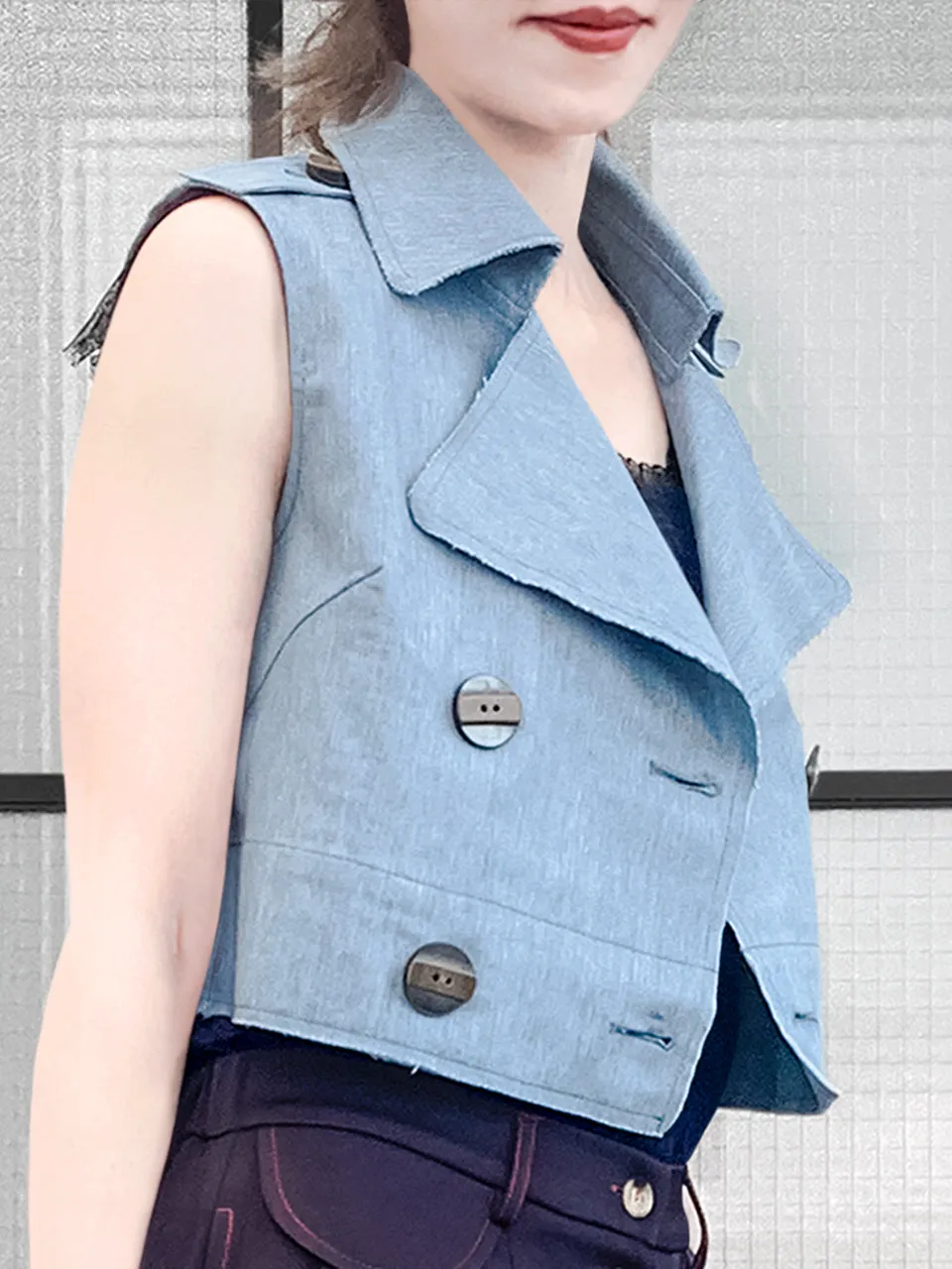 Restock! Denim Ruffle Back Double Breasted Sleeveless Crop Jacket